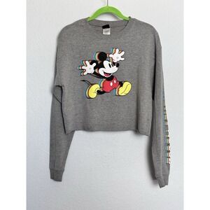Disney Mickey Mouse Rainbow Graphic Crewneck Sweatshirt Gray Women's XS Cropped